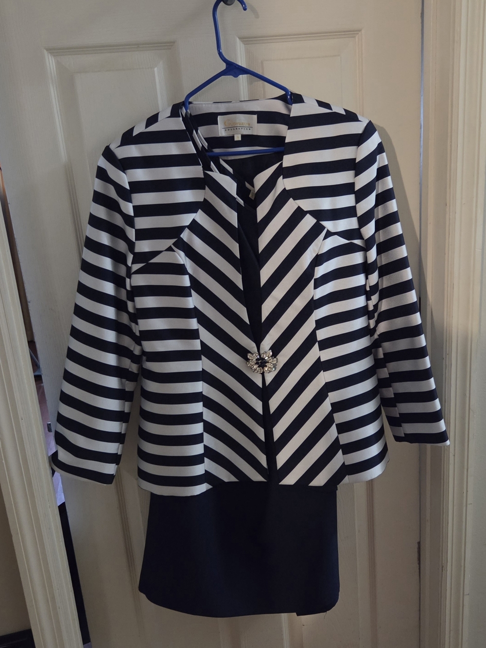 Blue & White Striped Blazer with Brooch Detail